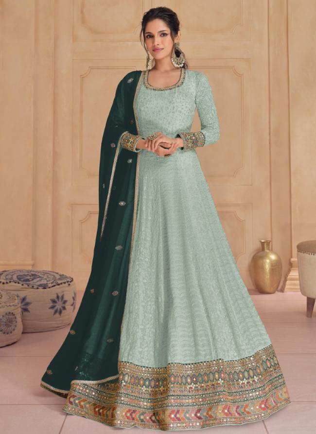 Georgette Sky Blue Wedding Wear Embroidery Work Readymade Gown With Dupatta